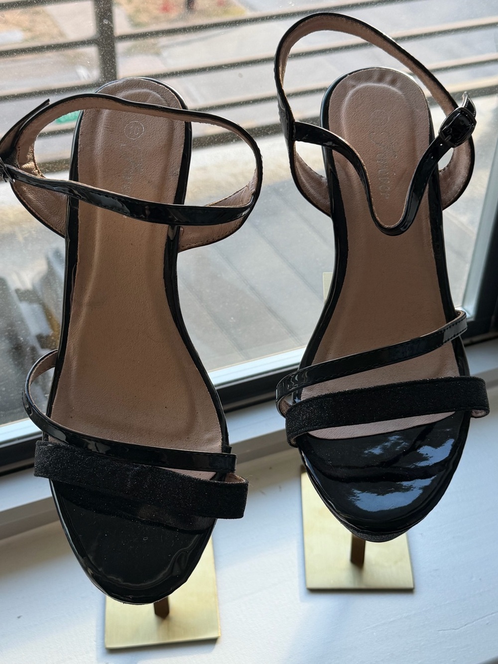 Forever Black Glitter Strappy Wedge Sandals Size 10